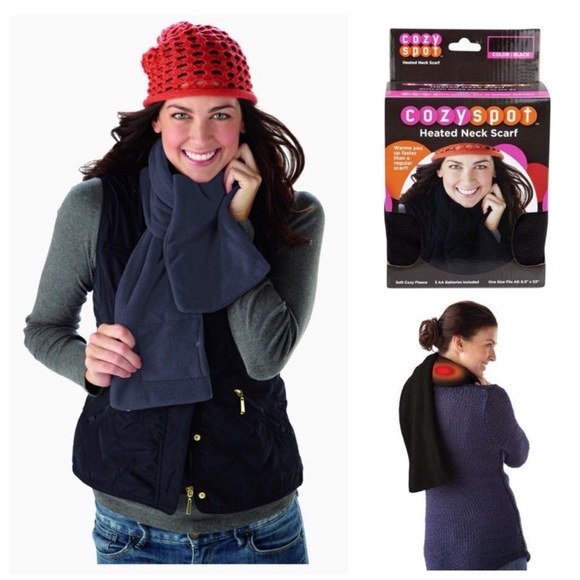 CozySpot Unisex Heated Scarf. Soft Fleece in Attractive Blue Grey White Plaid. - Picture 10 of 11